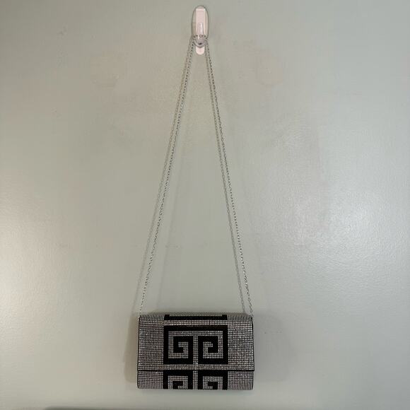 Greek Clutch Bag Rhinestone Embellished Black Silver Chain Purse Evening Party - Picture 3 of 12